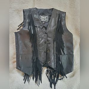 First Fringed Leather Motorcyle Vest, Sz S
